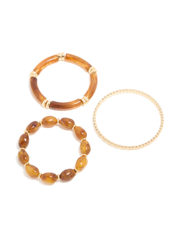 Brown Beaded Stretch Bracelets & Gold Bangles 3-Pack