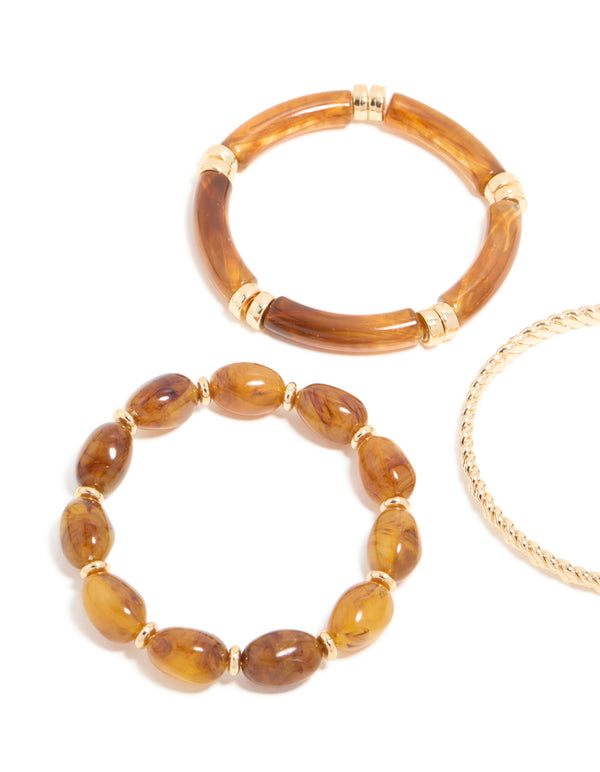 Brown Beaded Stretch Bracelets & Gold Bangles 3-Pack