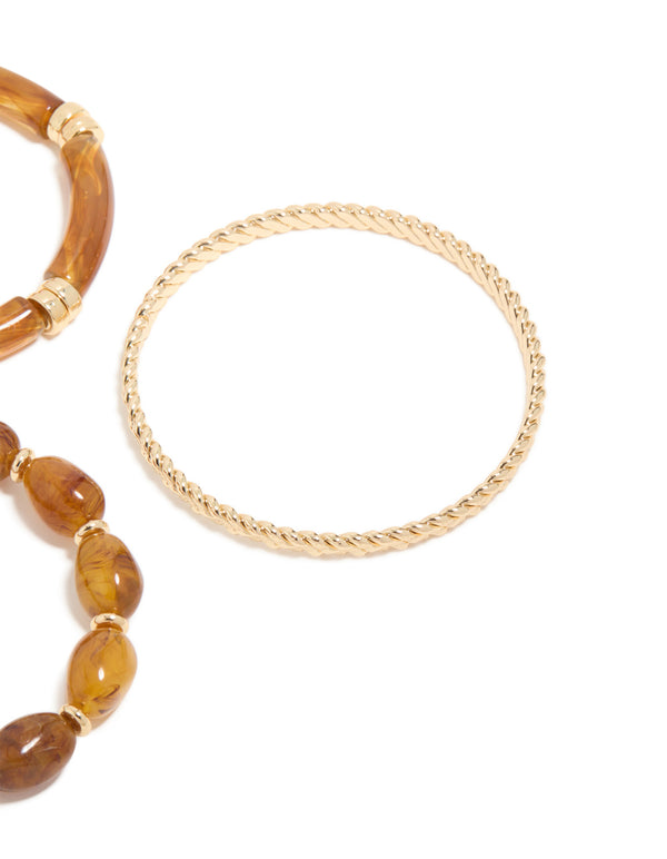 Brown Beaded Stretch Bracelets & Gold Bangles 3-Pack