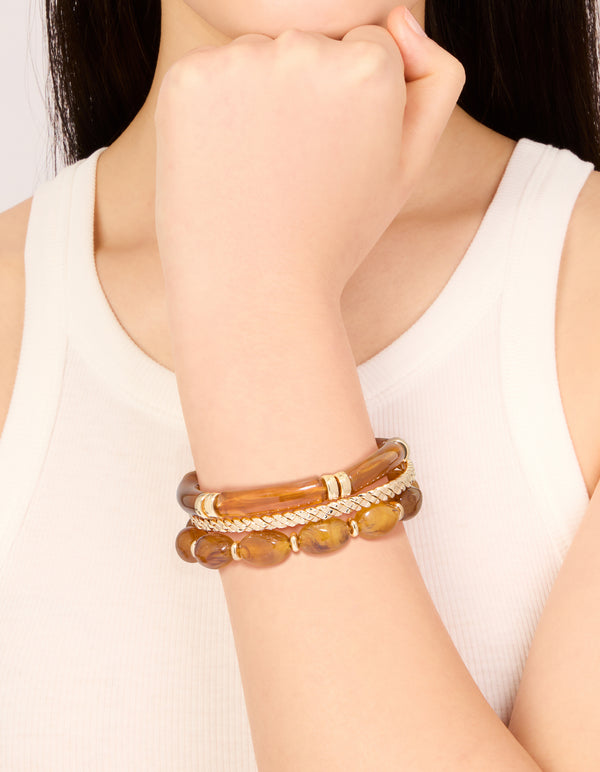 Brown Beaded Stretch Bracelets & Gold Bangles 3-Pack