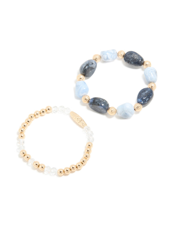 Gold and Blue Beaded Stretch Bracelets 2-Pack