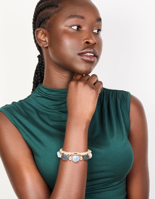 Gold and Blue Beaded Stretch Bracelets 2-Pack