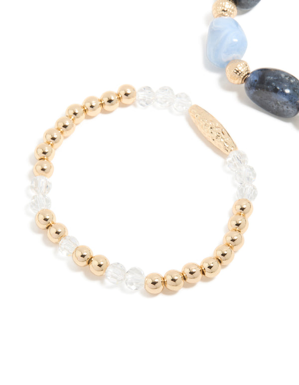 Gold and Blue Beaded Stretch Bracelets 2-Pack