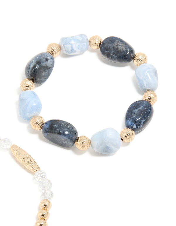 Gold and Blue Beaded Stretch Bracelets 2-Pack