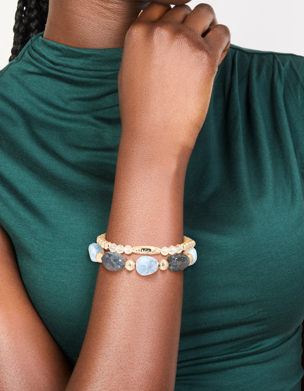 Gold and Blue Beaded Stretch Bracelets 2-Pack