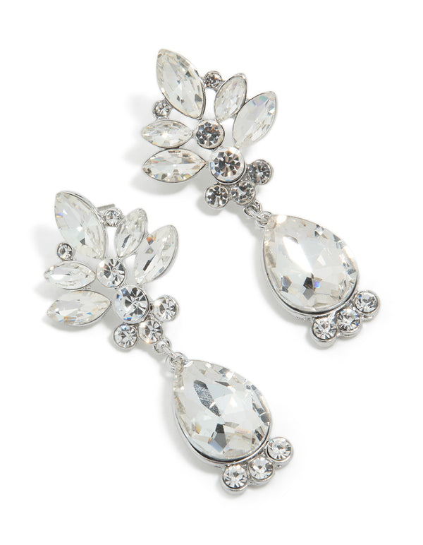 Elegant silver diamante floral and single drop earrings featuring white stones front