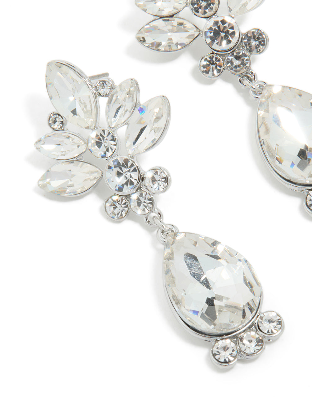Designed with silver diamante floral and single drop earrings in white detail