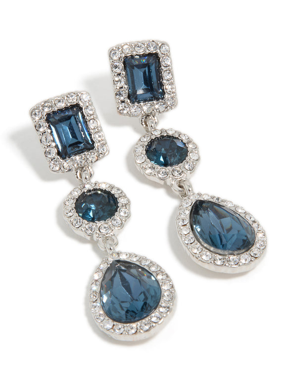 Silver Blue Diamante Multi Shape Drop Earrings
