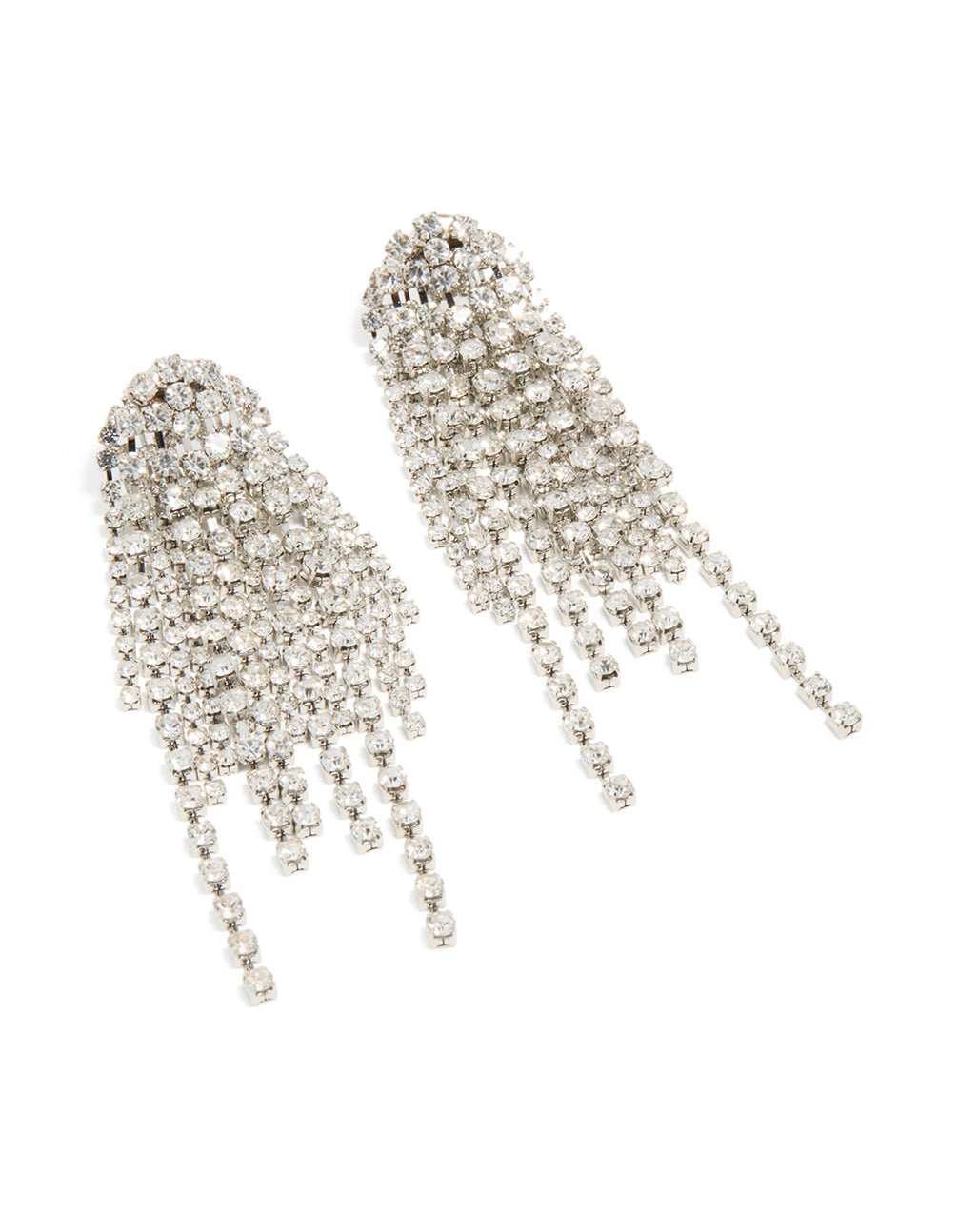 Showcasing silver diamante dazzle tassel drop earrings with statement style front view