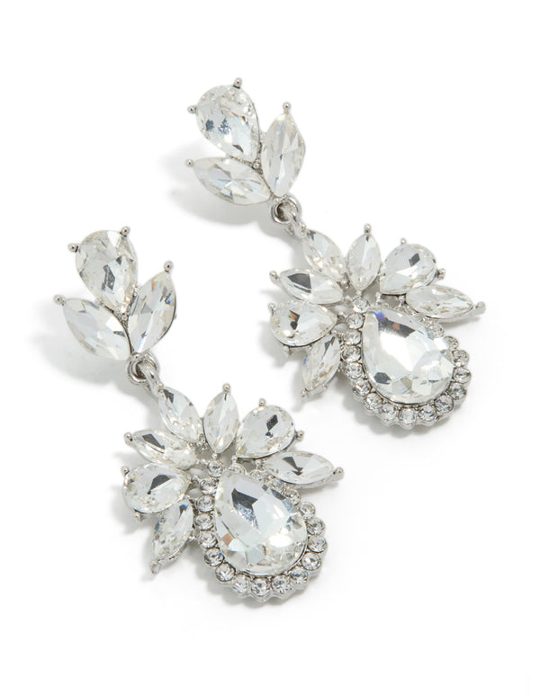 Discover stunning silver diamante mini floral drop earrings front view