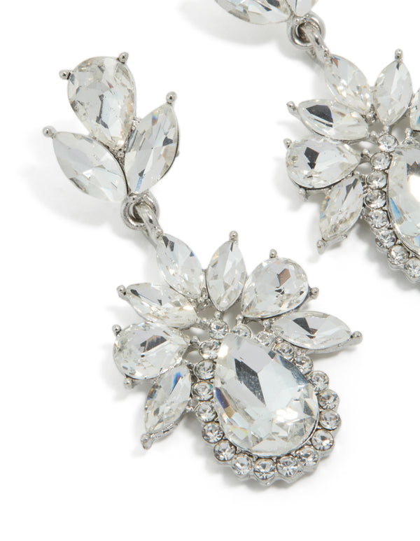 Silver Diamante Mini Floral Drop Earrings
