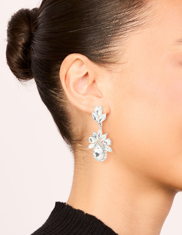 Silver Diamante Mini Floral Drop Earrings