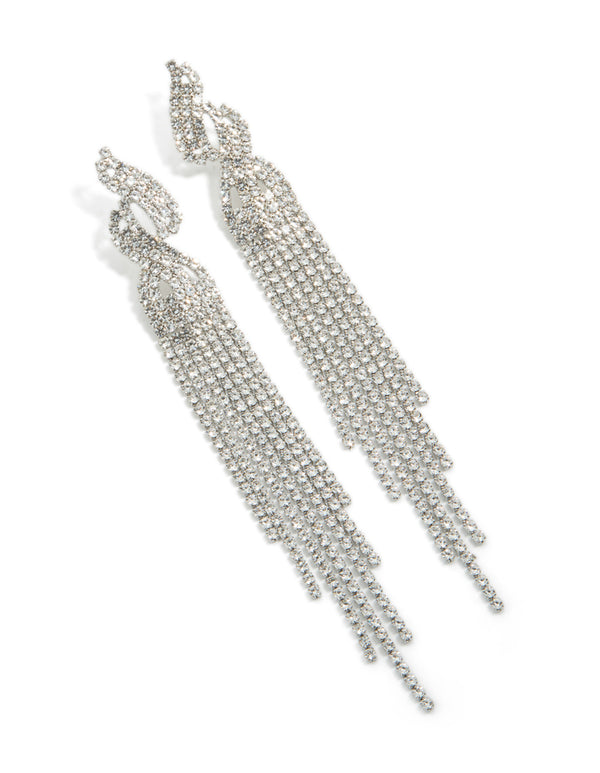 Elegant silver diamante open curve drop earrings with tassel detailing front view