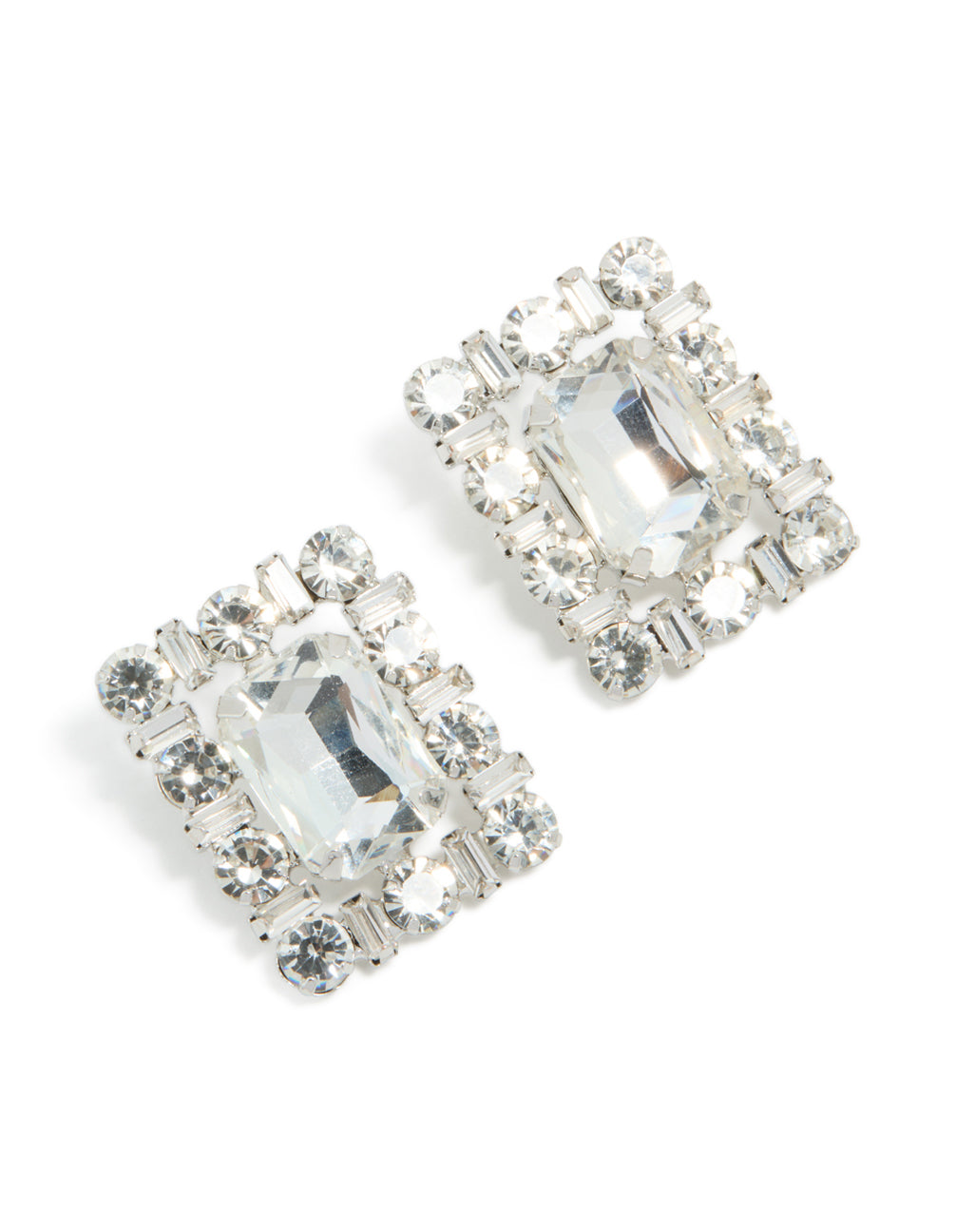 Elegant silver diamante fancy square stud earrings front view