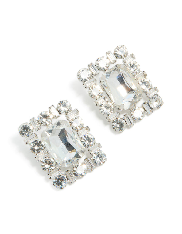 Silver Diamante Fancy Square Stud Earrings