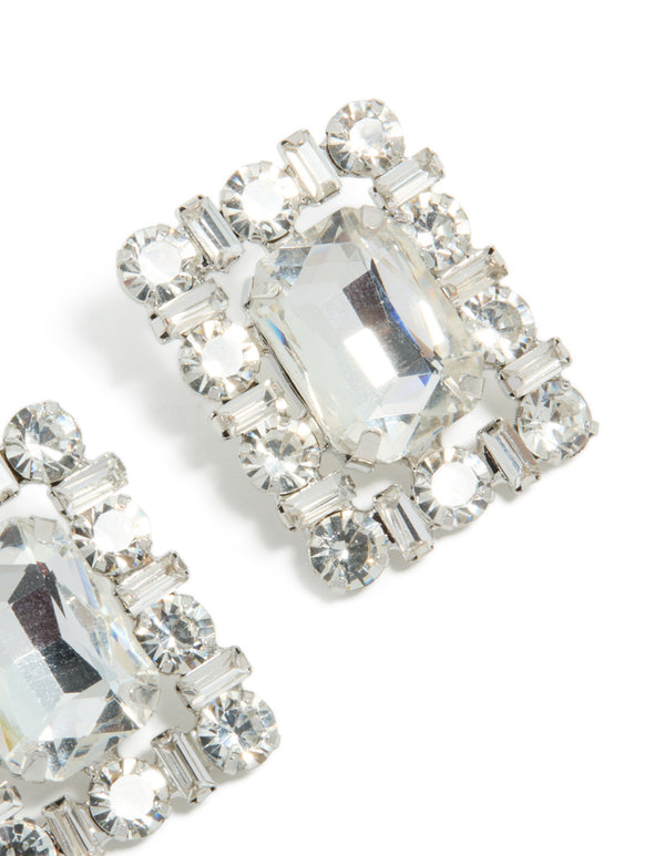 Silver Diamante Fancy Square Stud Earrings