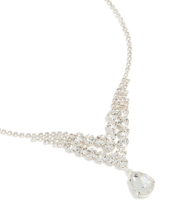 Showcasing a silver diamante dazzling split row necklace in statement style close up view