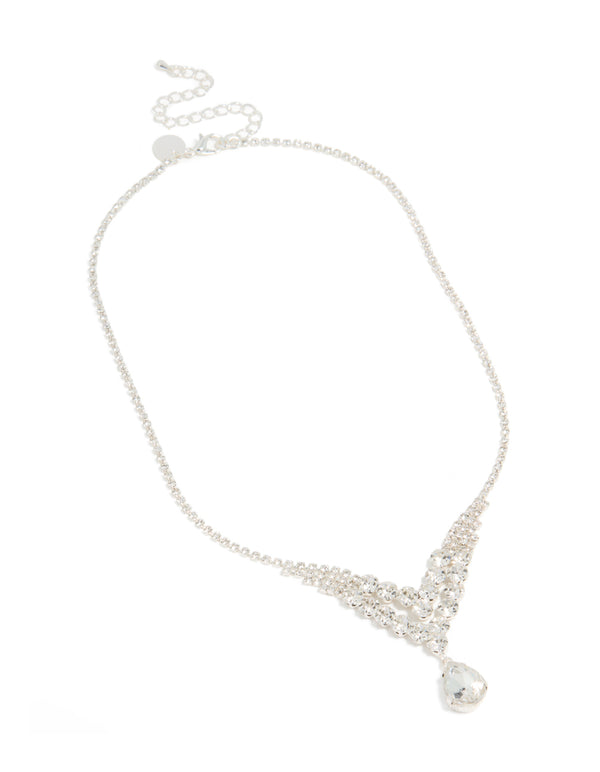 Crafted from silver diamante dazzling split row necklace in statement style front view