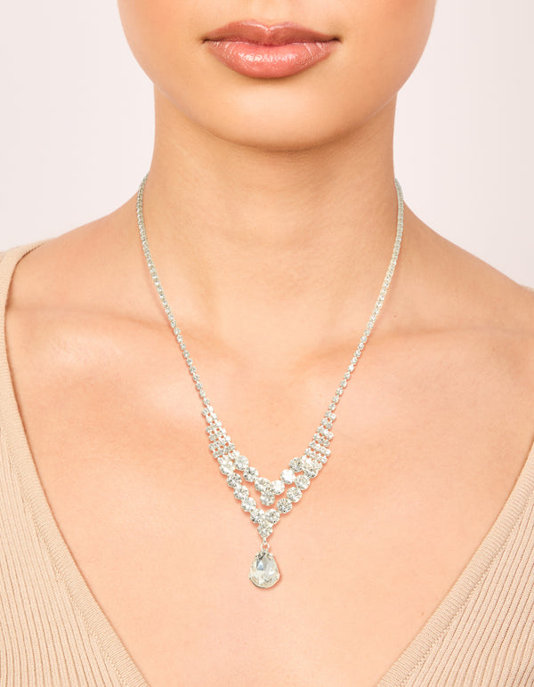 Featuring a silver diamante dazzling split row necklace in statement style on neck view
