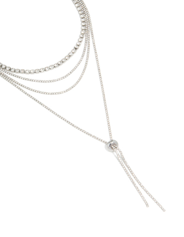 Introducing a silver diamante tennis and toggle layered necklace with statement styling close up view