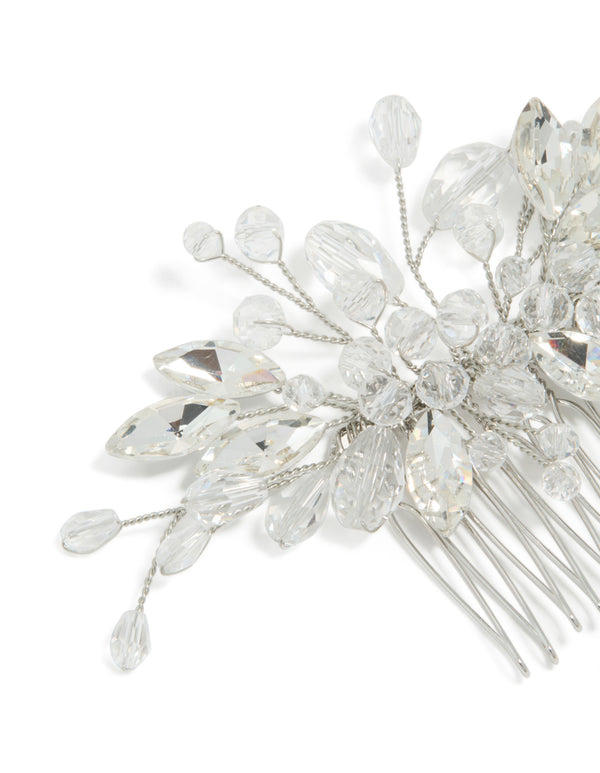 This diamante floral vine hair comb features beads accents in silver detail view