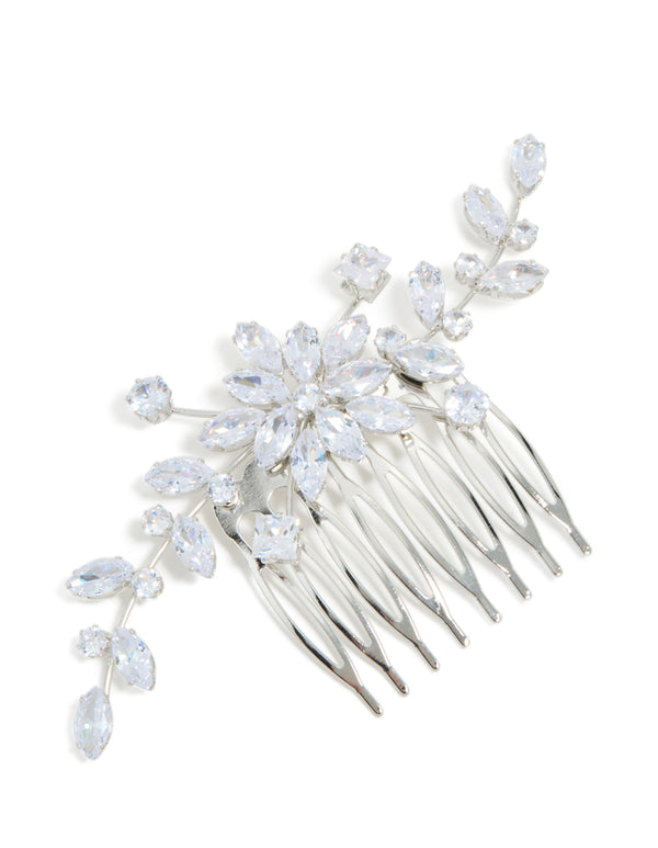 Silver Diamante Floral Statement Hair Comb