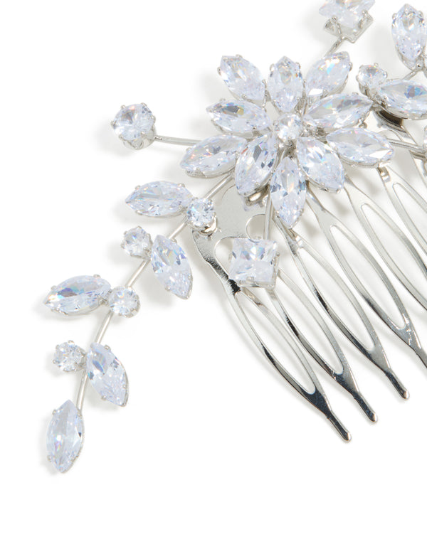 Silver Diamante Floral Statement Hair Comb