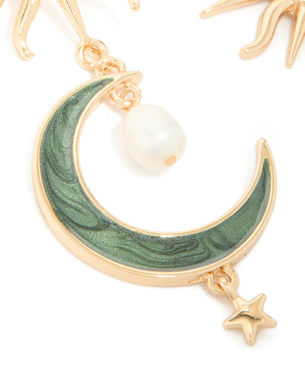 Gold Green Marbled Celestial Drop Earrings