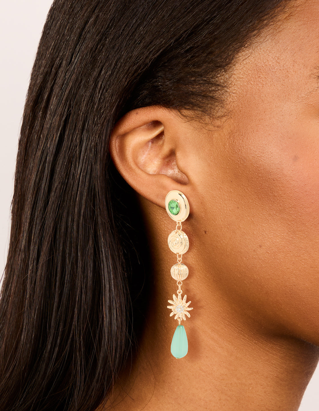 Gold Swirl & Green Diamante Drop Earrings
