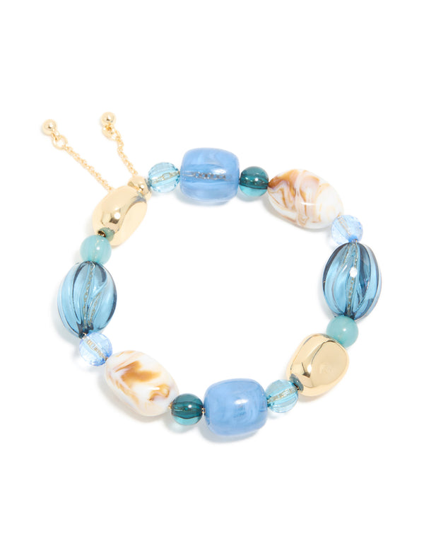 Gold Organic Light Blue Beaded Toggle Bracelet