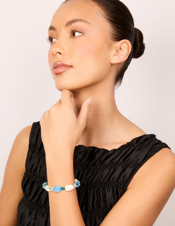 Gold Organic Light Blue Beaded Toggle Bracelet