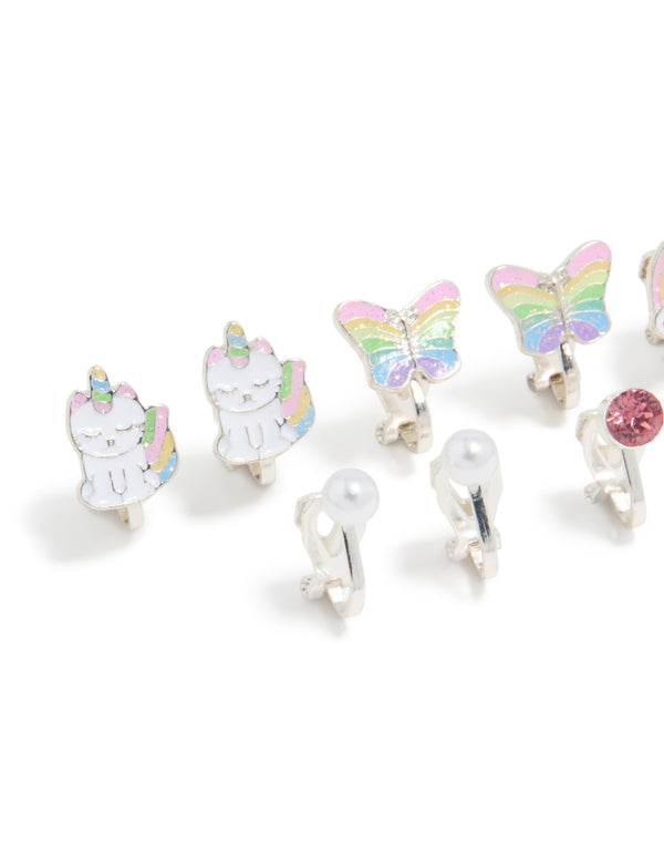 Kids Silver Rainbow Unicorn Cat Clip On Earrings 5-Pack