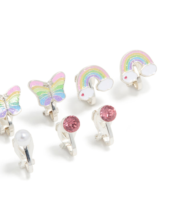 Kids Silver Rainbow Unicorn Cat Clip On Earrings 5-Pack