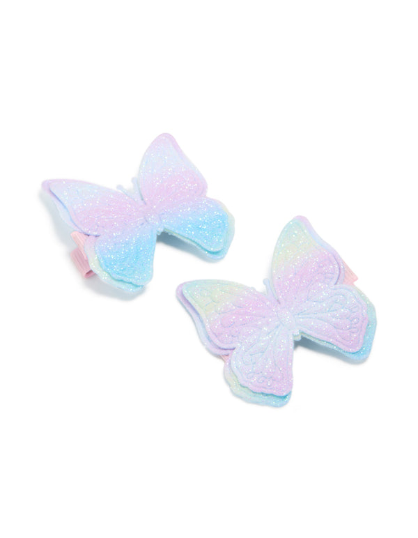Kids Blue Green Purple Ombre Fabric Butterfly Clips 2-Pack