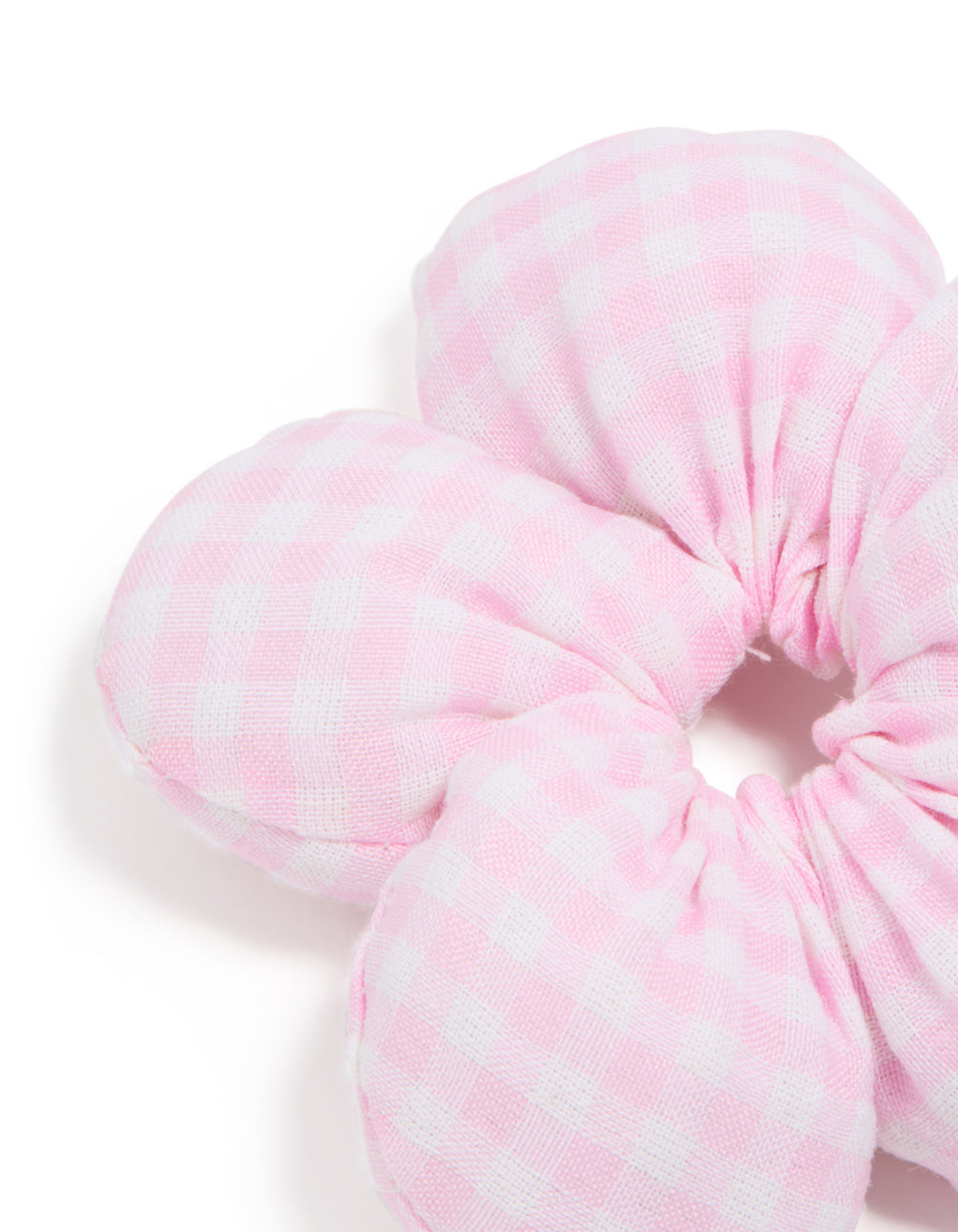 Kids Pink Gingham Fabric Puffy Flower Scrunchie