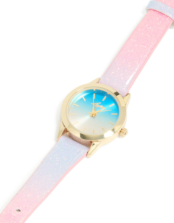 Featuring a kids’ pink and purple ombre PU leather mini watch with a glitter finish, blue dial, round case, and analog designed for women’s casual wear case detail view