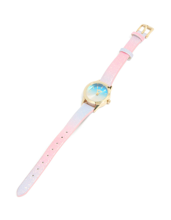 Showcasing a kids’ pink and purple ombre PU leather mini watch with a glitter finish, blue dial, round case, and analog designed for women’s casual wear front view