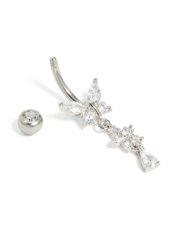 Surgical Steel Cubic Zirconia Butterfly & Flower Belly Bar