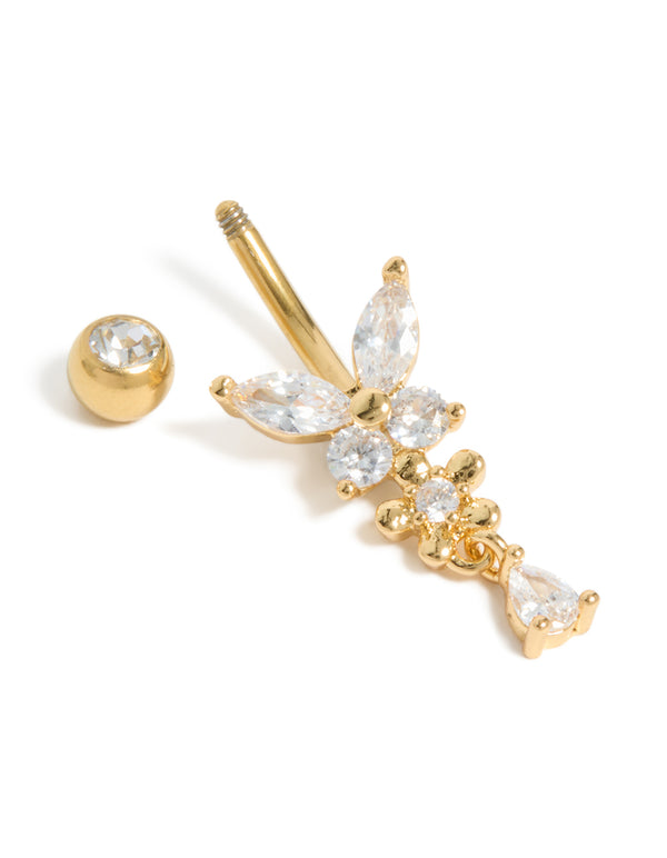 Gold Plated Surgical Steel Cubic Zirconia Butterfly Belly Bar