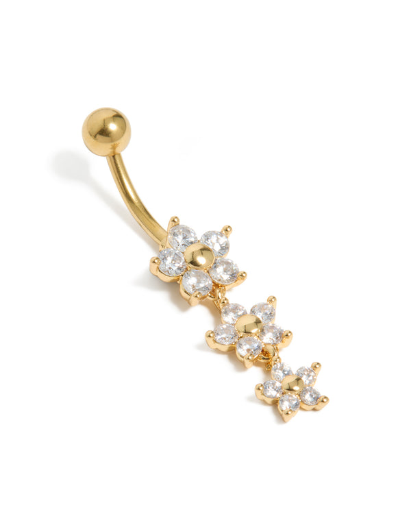 Gold Plated Surgical Steel Cubic Zirconia 3 Flower Drop Belly Bar