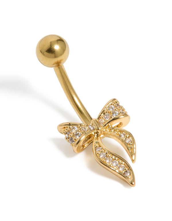 Gold Plated Surgical Steel Cubic Zirconia Long Pavé Bow Belly Bar