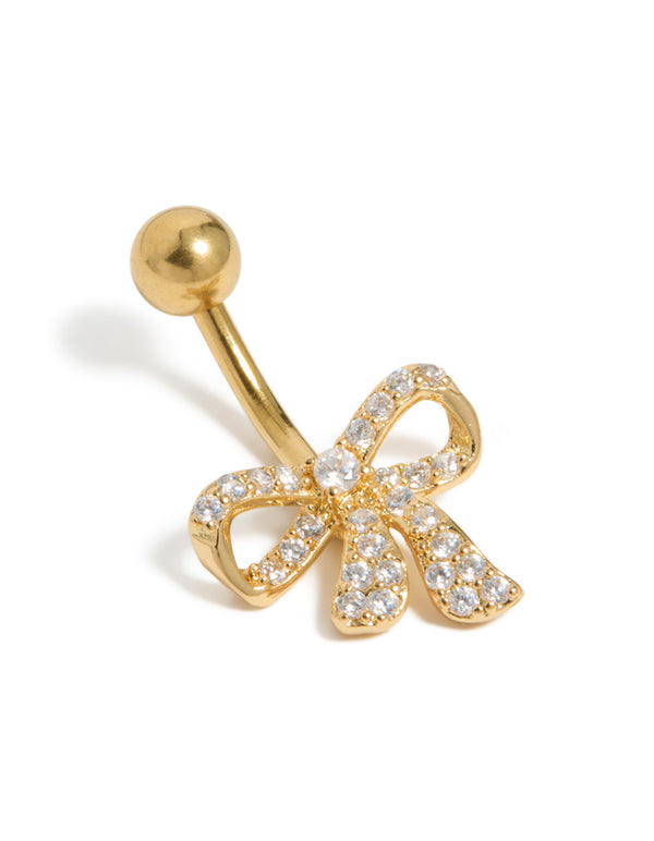 Gold plated surgical steel belly bar featuring a bow with cubic zirconia pavé front view