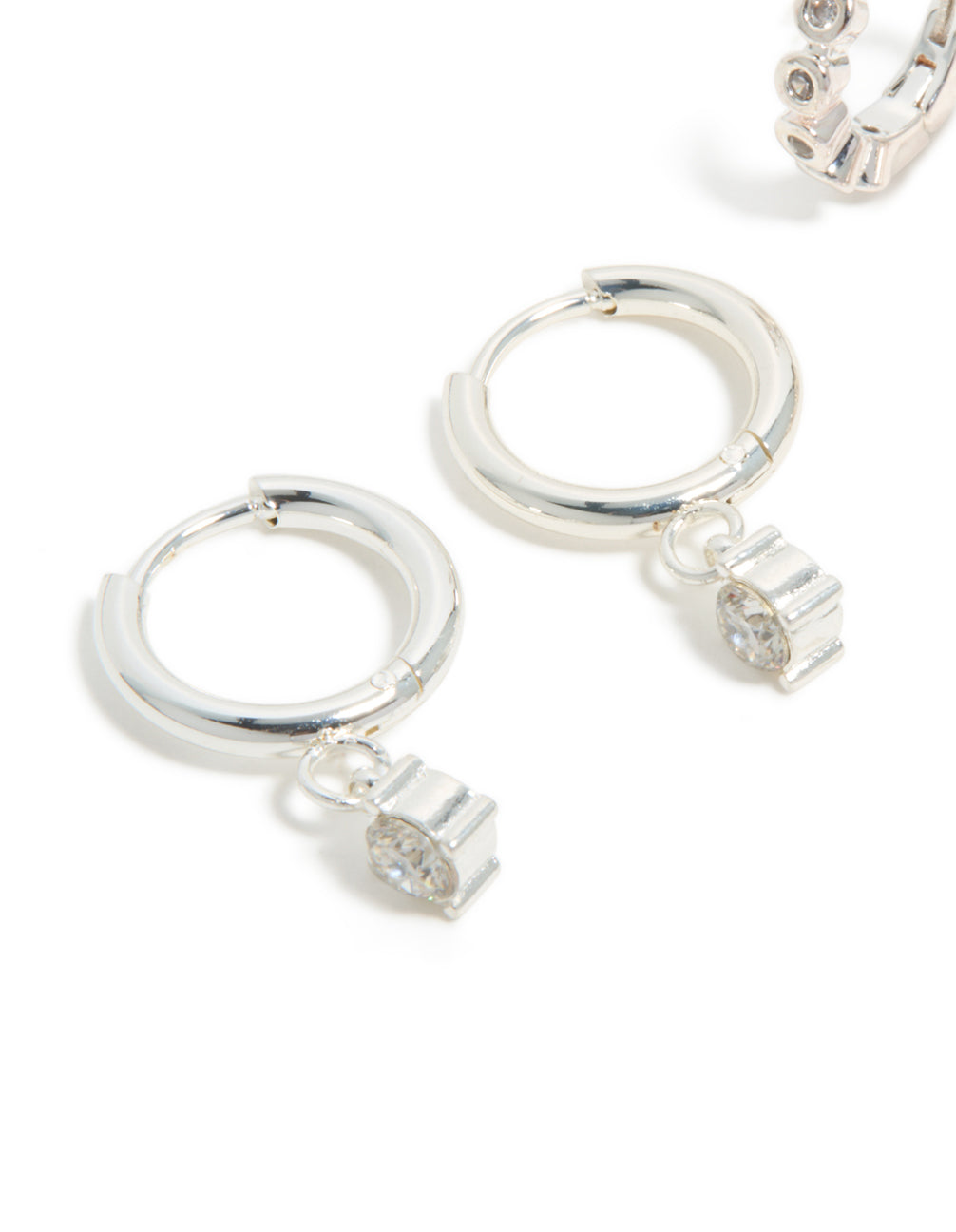 Waterproof Stainless Steel Bezel Diamante & Plain Huggie Earrings 2-Pack