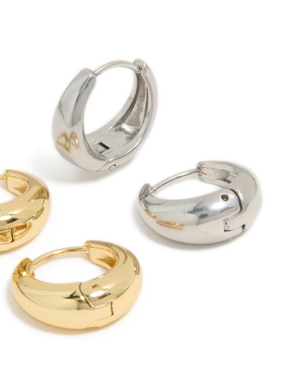 Waterproof Mixed Metal Plated Stainless Steel Tapered Mini Huggie Earrings 2-Pack
