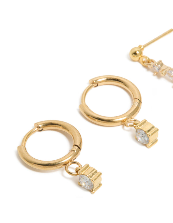 Waterproof Gold Plated Stainless Steel Cubic Zirconia Huggie & Drop Earrings 2-Pack