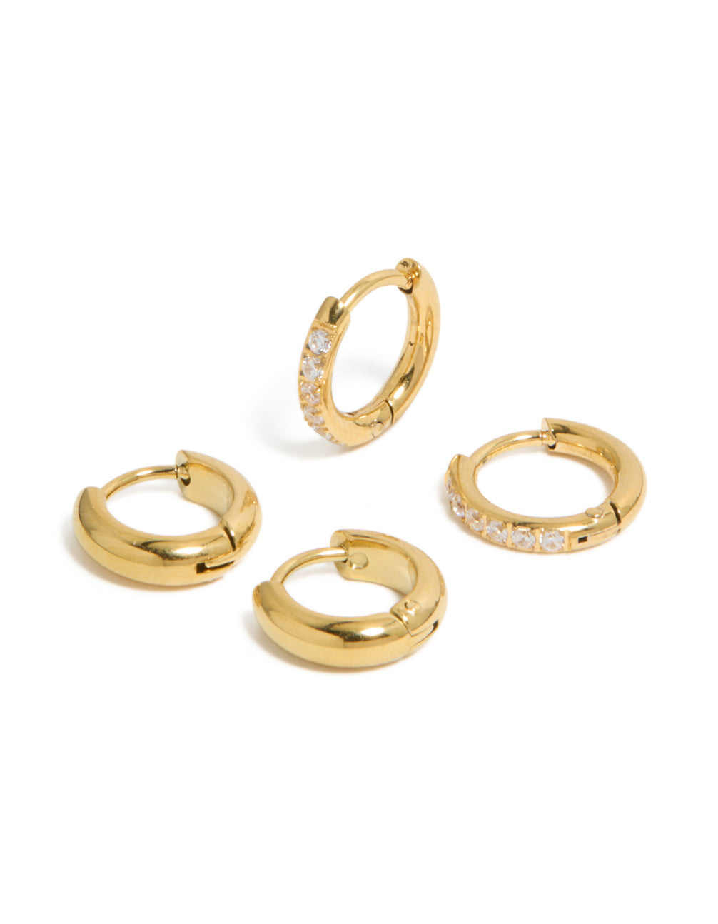 Waterproof Gold Plated Stainless Steel Cubic Zirconia Pavé & Plain Huggie Earrings 2-Pack