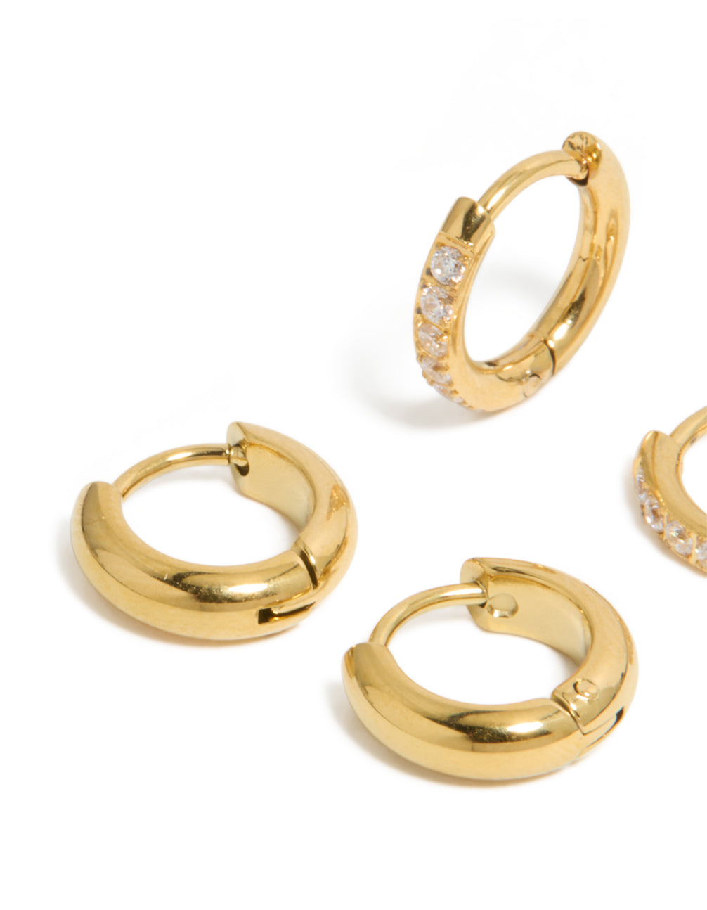 Waterproof Gold Plated Stainless Steel Cubic Zirconia Pavé & Plain Huggie Earrings 2-Pack