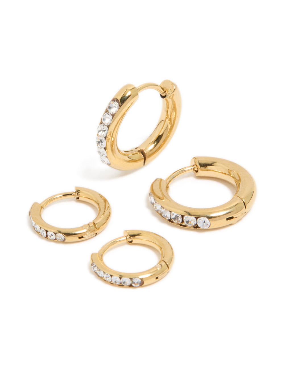 Presenting waterproof gold plated stainless steel cubic zirconia huggie earrings in a 2-pack with crystal and hoop closure front view