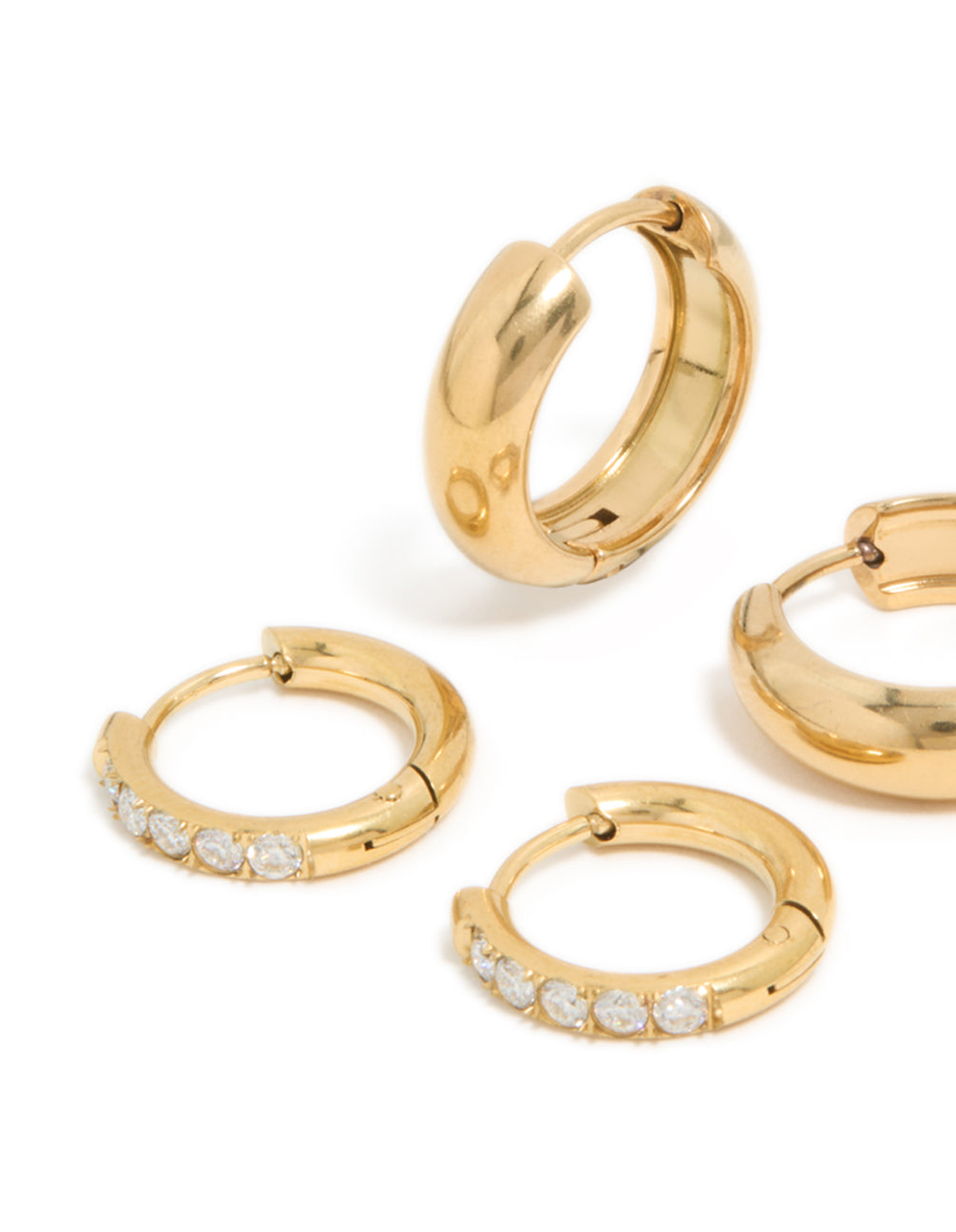 Waterproof Gold Plated Stainless Steel Cubic Zirconia Chubby Huggie Earrings 2-Pack