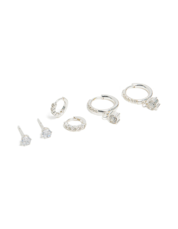Waterproof Stainless Steel Cubic Zirconia Stud & Huggie Earrings 3-Pack